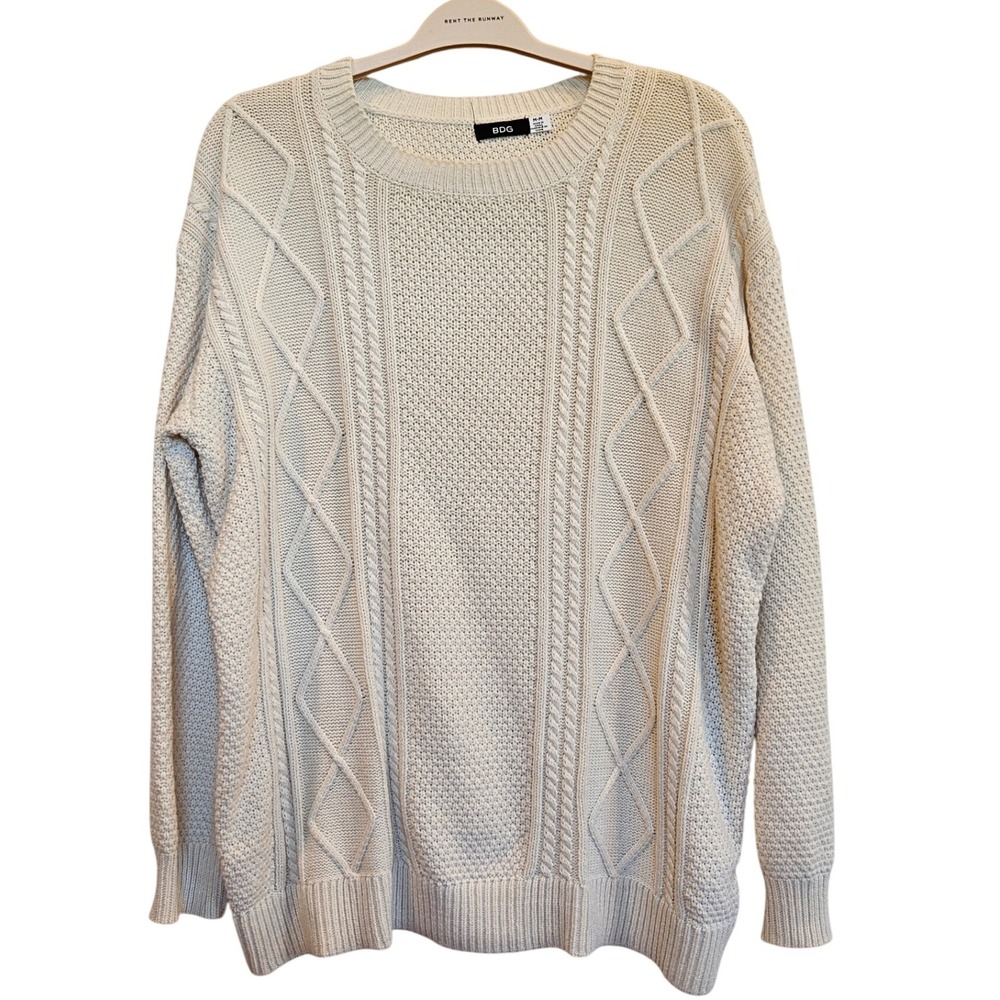 BDG Urban Outfitters Cream Cable Knit Sweater Mens Size M Elbow Patch Fisherman